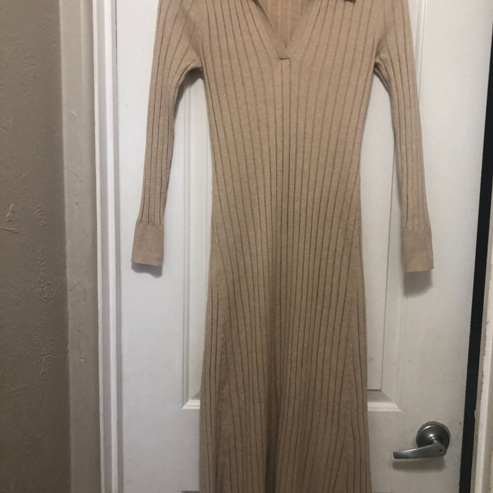 Womans Loft Max Sweater Dress Small Brown Long Sleeve Collar Cream - Picture 9 of 13